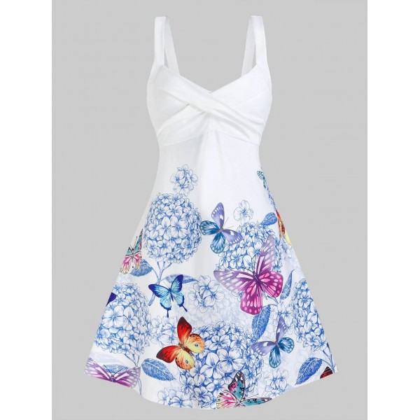 Butterfly and Flower Print Sleeveless Crossover Dress