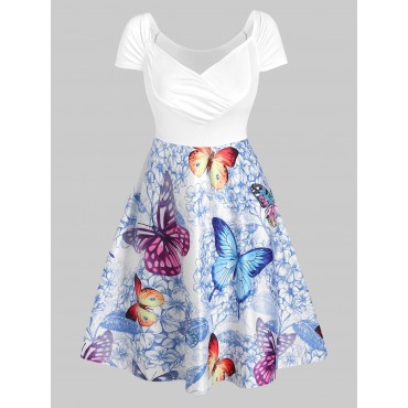 Butterfly and Flowers Print Ruched Flare Dress