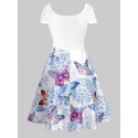 Butterfly and Flowers Print Ruched Flare Dress