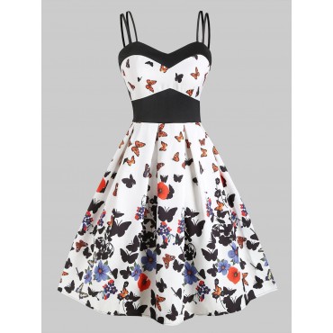 Butterfly Print Empire Waist Dual Straps Dress