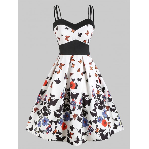 Butterfly Print Empire Waist Dual Straps Dress