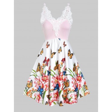 Butterfly Print Lace Insert Cami A Line Dress