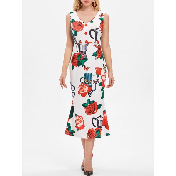 Buttoned Rose Print Vintage Dress