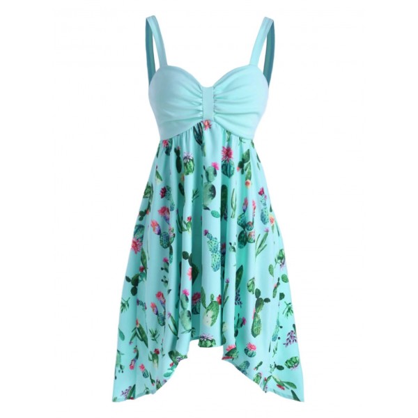 Cactus Print Empire Waist Asymmetrical Cami Dress