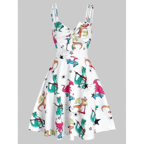 Cartoon Dinosaur Print Bowknot Mini Cami Dress