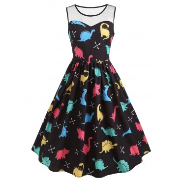 Cartoon Dinosaur Print Vintage Dress