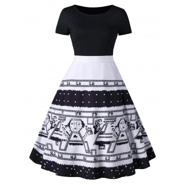 Cartoon Figure Printed Short Sleeve A-Line Rockabilly Style Dress