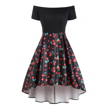 Cherry Print Off Shoulder High Low Party Dress