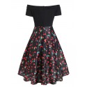 Cherry Print Off Shoulder High Low Party Dress