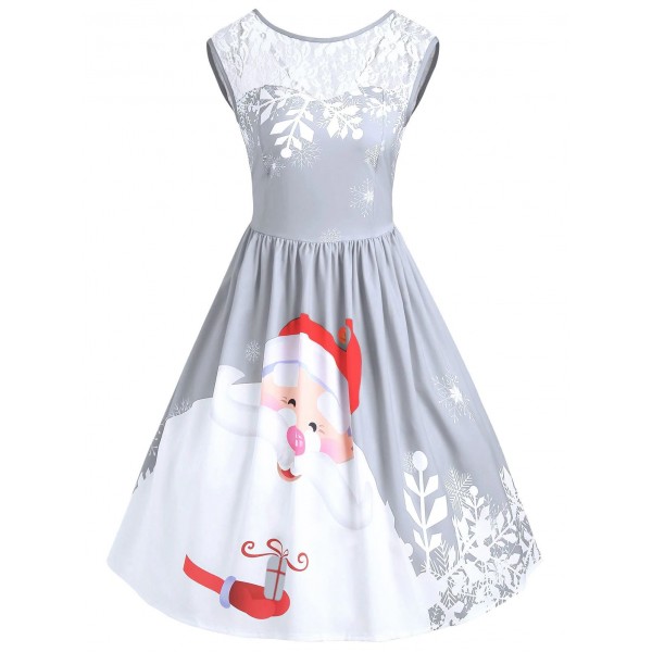 Christmas Lace Insert Santa Claus Print Party Dress