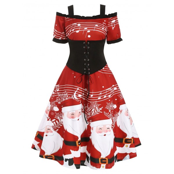 Christmas Santa Claus Musical Note Cold Shoulder Lace Up Dress