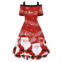 Christmas Santa Claus Musical Note Cold Shoulder Lace Up Dress