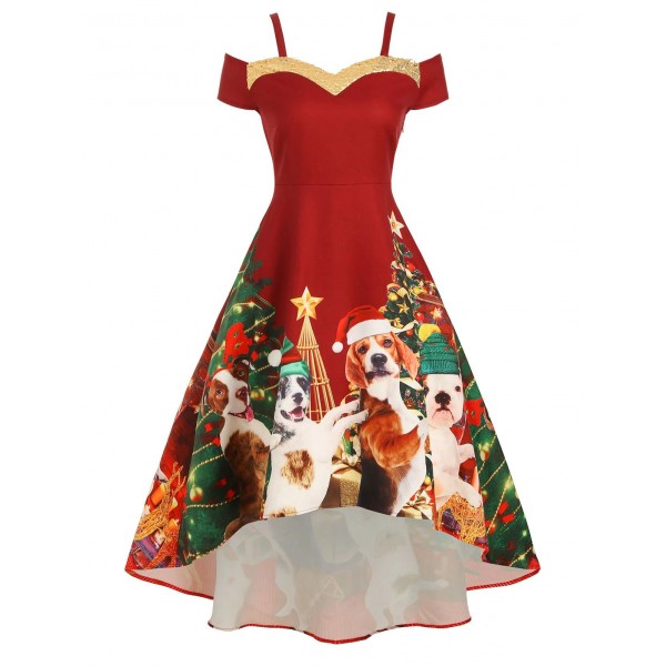 Christmas Tree Dog Print Sequined Cold Shoulder Party Dress