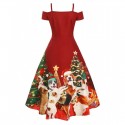 Christmas Tree Dog Print Sequined Cold Shoulder Party Dress