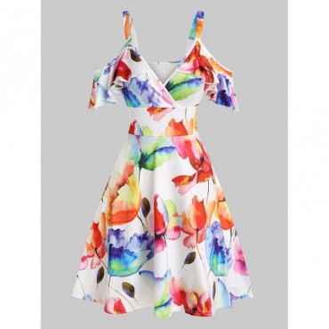 Cold Shoulder Flower Printed High Waist Dress