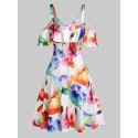 Cold Shoulder Flower Printed High Waist Dress