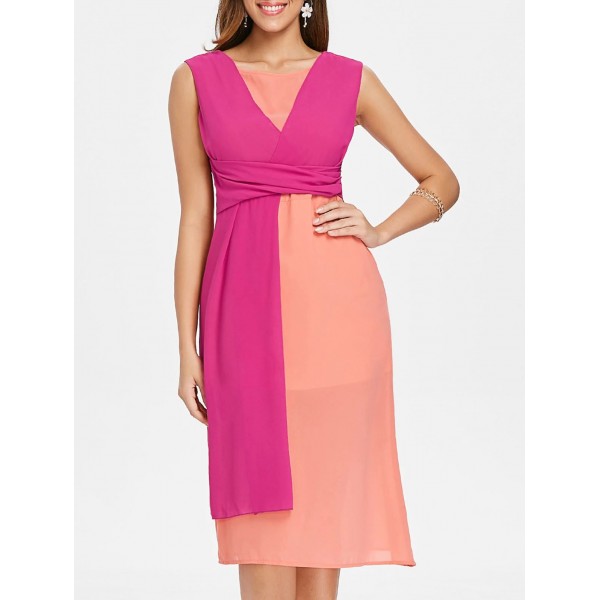 Color Block Sleeveless Chiffon Midi Dress