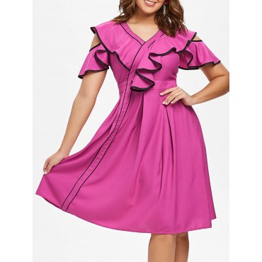 Contrast Trim Ruffle Open Shoulder Chiffon Dress