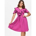 Contrast Trim Ruffle Open Shoulder Chiffon Dress