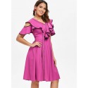 Contrast Trim Ruffle Open Shoulder Chiffon Dress