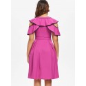 Contrast Trim Ruffle Open Shoulder Chiffon Dress