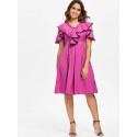 Contrast Trim Ruffle Open Shoulder Chiffon Dress