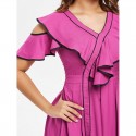 Contrast Trim Ruffle Open Shoulder Chiffon Dress