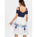 Dancing Girl Print Cold Shoulder Scalloped Dress