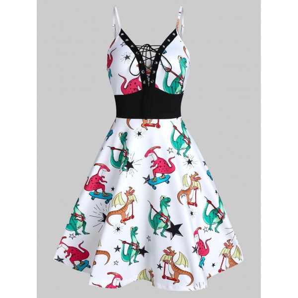 Dinosaur Print Lace Up Mini Cami Dress