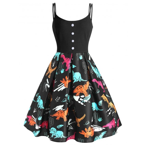 Dinosaur Print Mock Button Dual Straps Dress