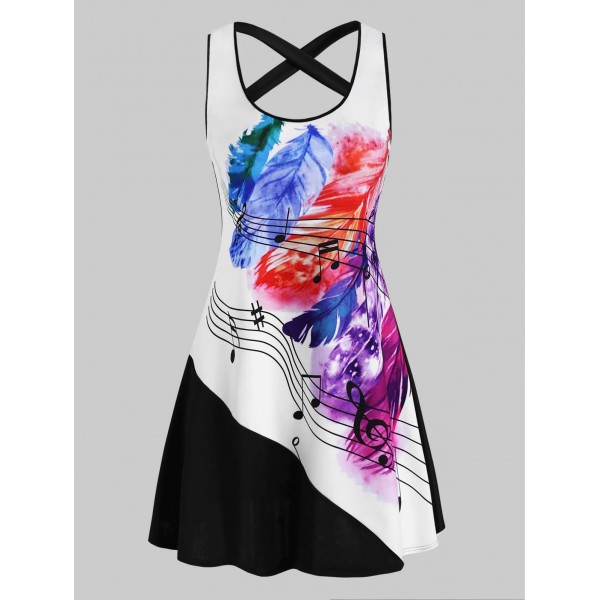 Feather Print Crisscross Mini Tank Dress