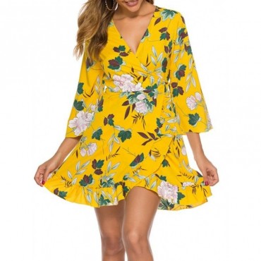 Floral Leaf Ruffle Wrap Dress