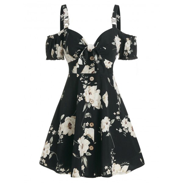 Floral Print Bowknot Cold Shoulder Dress