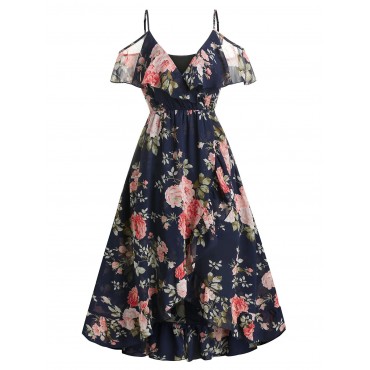 Floral Print Cold Shoulder Surplice Dress