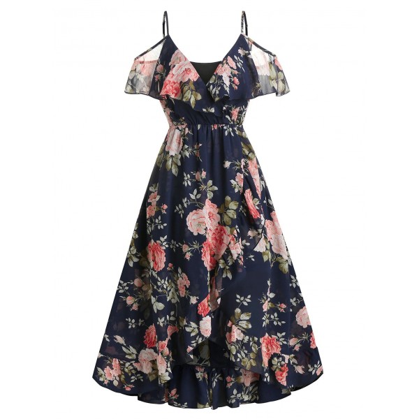 Floral Print Cold Shoulder Surplice Dress