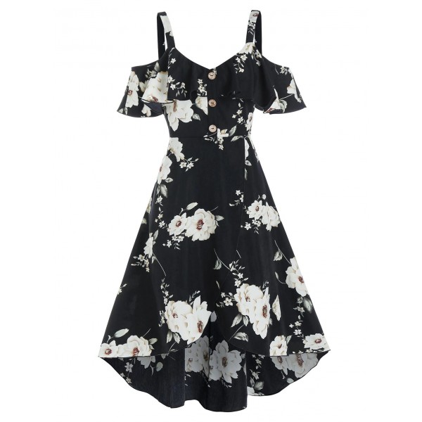 Floral Print Flounce Cold Shoulder High Low Short Sleeve Dress