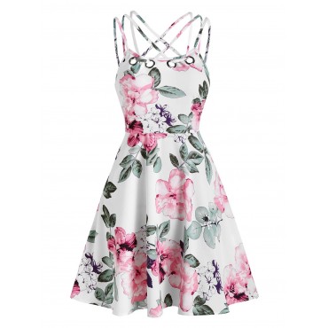 Floral Print High Waist A Line Dress