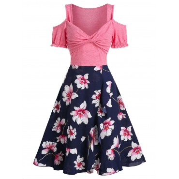 Floral Print Open Shoulder Short Sleeve A Line Dress