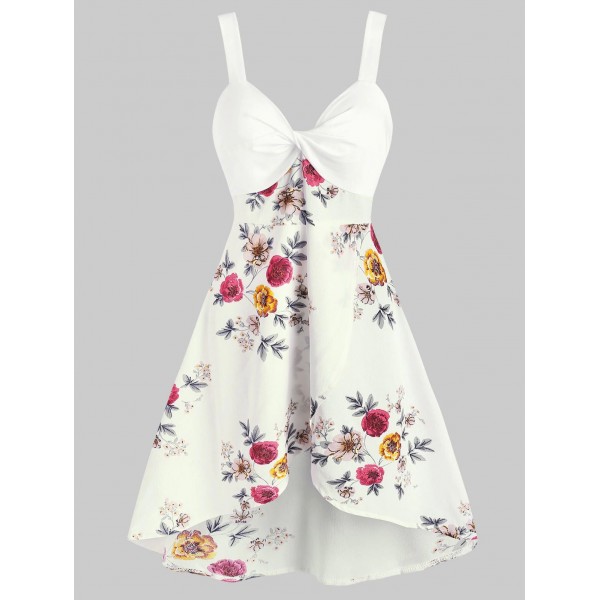 Floral Print Twist Front Sleeveless Overlap Dress