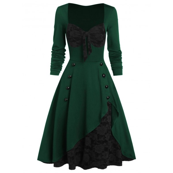 Flower Lace Insert Mock Button Bowknot Vintage Dress