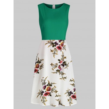 Flower Print A Line Sleeveless Dress