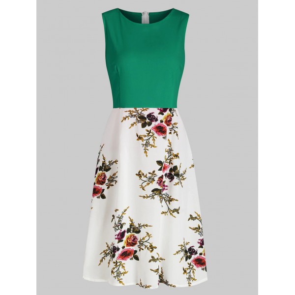 Flower Print A Line Sleeveless Dress