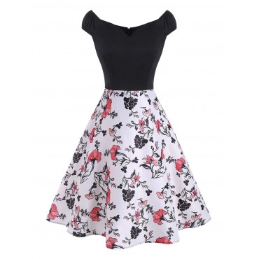 Flower Print Cap Sleeve High Waisted Dress