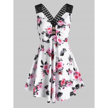 Flower Print Guipure Insert Ruched Mock Button Tank Dress