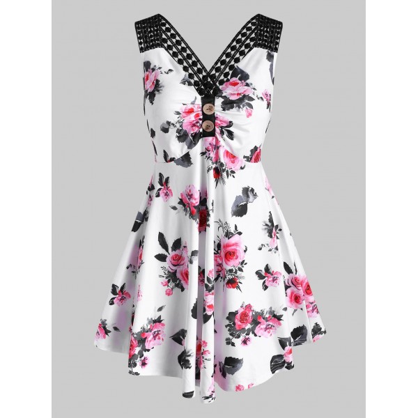 Flower Print Guipure Insert Ruched Mock Button Tank Dress