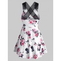 Flower Print Guipure Insert Ruched Mock Button Tank Dress