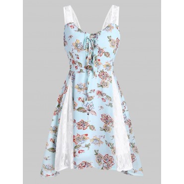 Flower Print Lace Insert Lace-up Dress