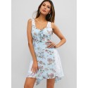 Flower Print Lace Insert Lace-up Dress