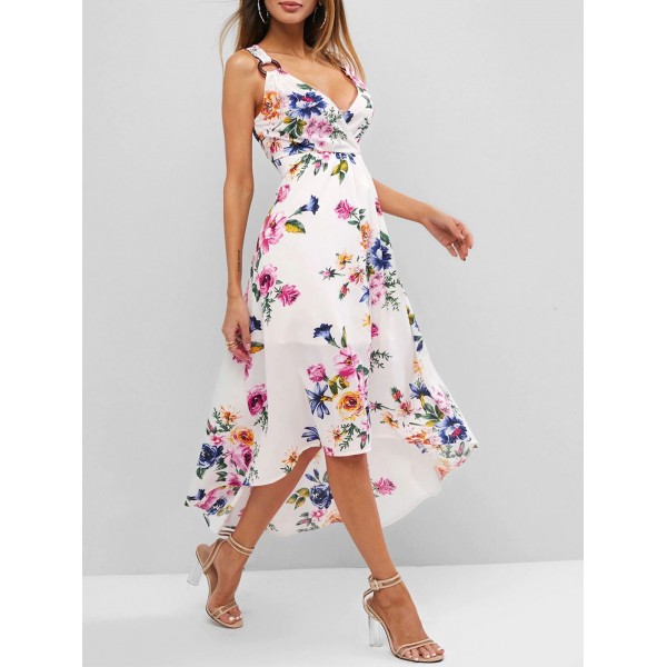 Flower Print O Ring High Low Surplice Dress