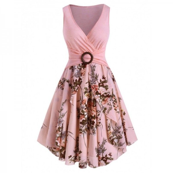 Flower Print O Ring High Waisted Surplice Dress